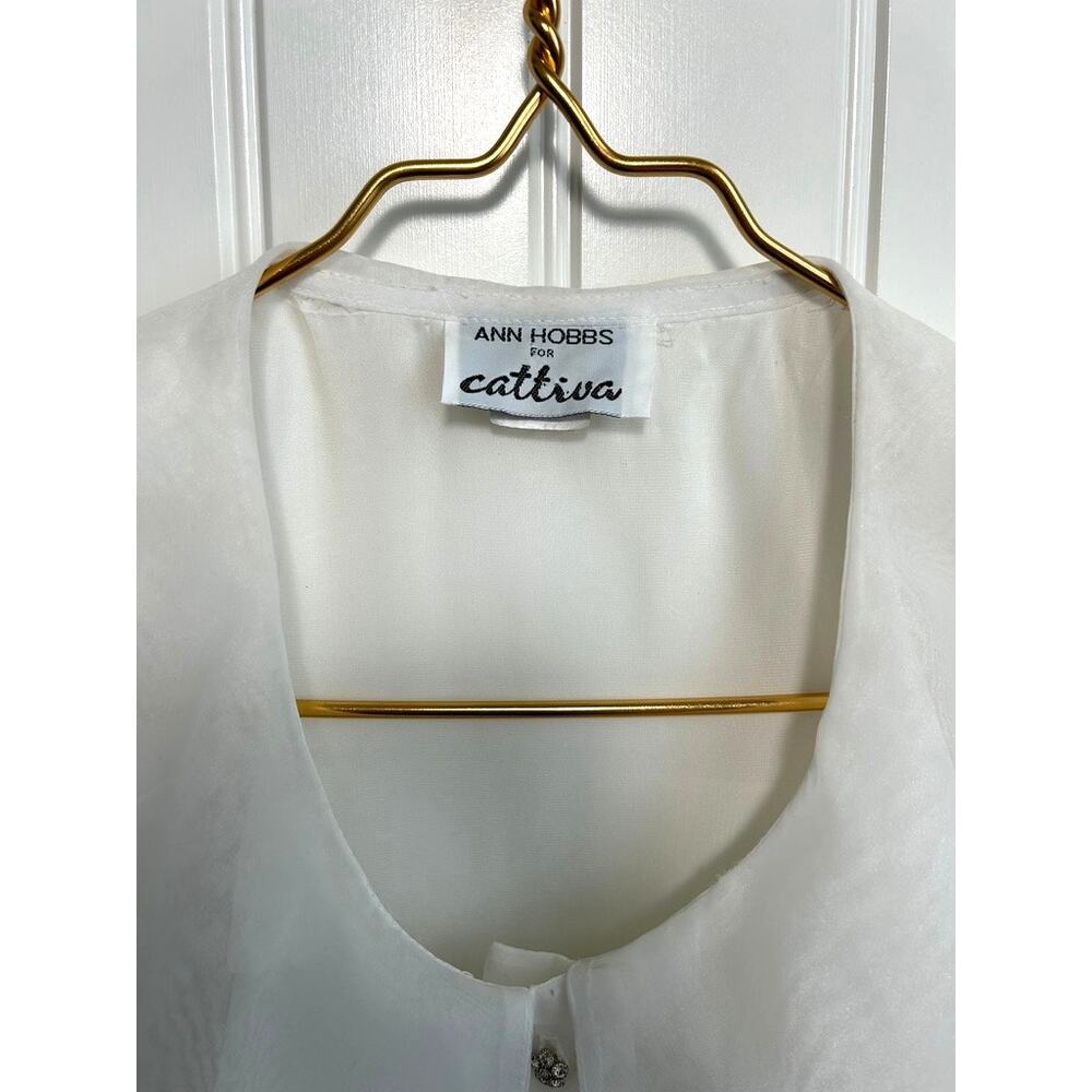 Ann Hobbs Cattiva Organza Tiered Bow Blouse White 80s Union Made USA Women XS - Picture 6 of 13